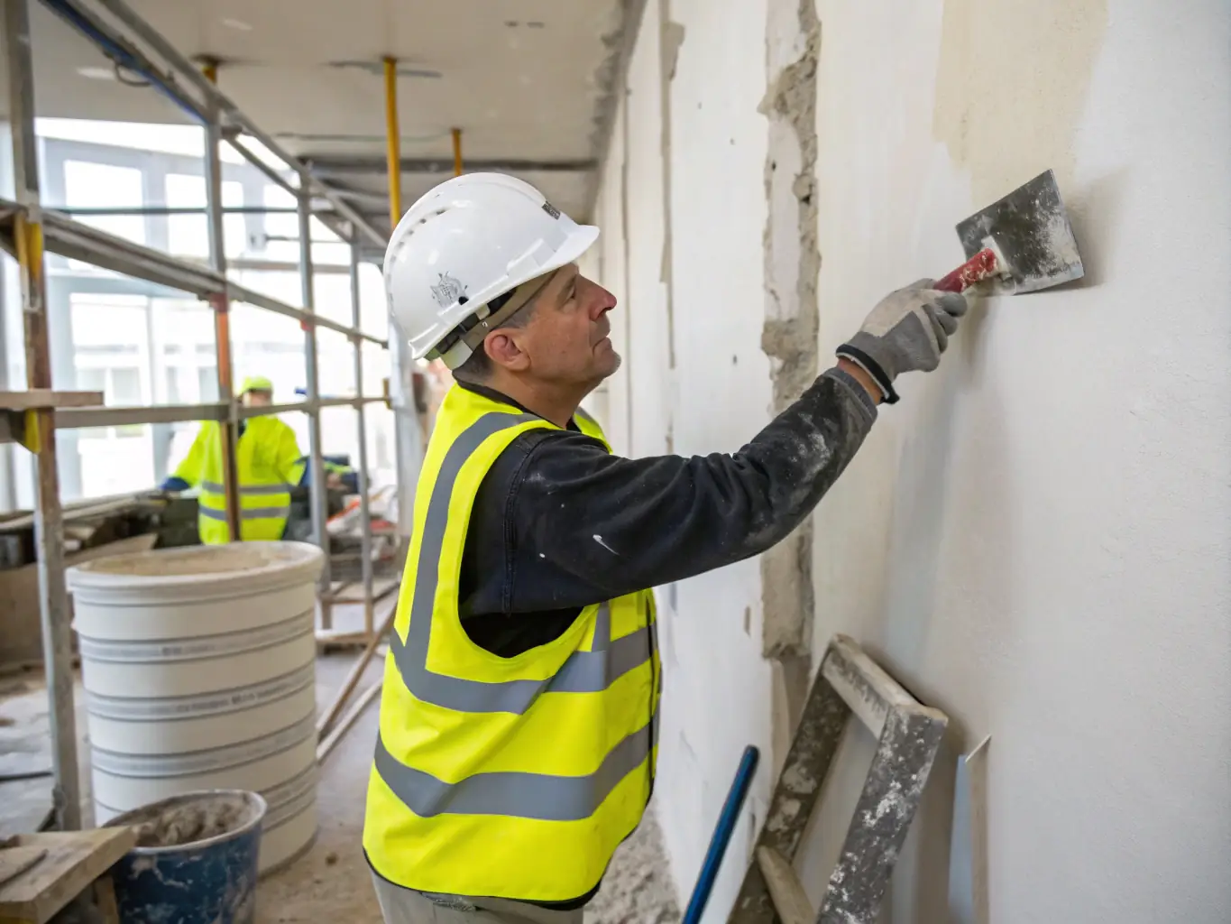 A craftsman applying a smooth coat of plaster to an interior wall, showcasing the attention to detail and expertise involved in plastering services.