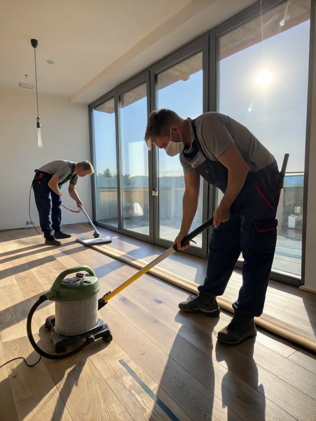 A worker installing new flooring in a renovated room, highlighting Ortlieb's flooring services.