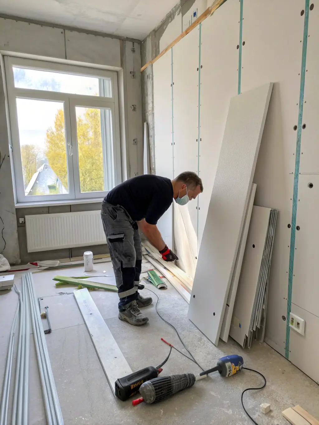 A team constructing a drywall partition in a building, showcasing Ortlieb's drywall construction services.