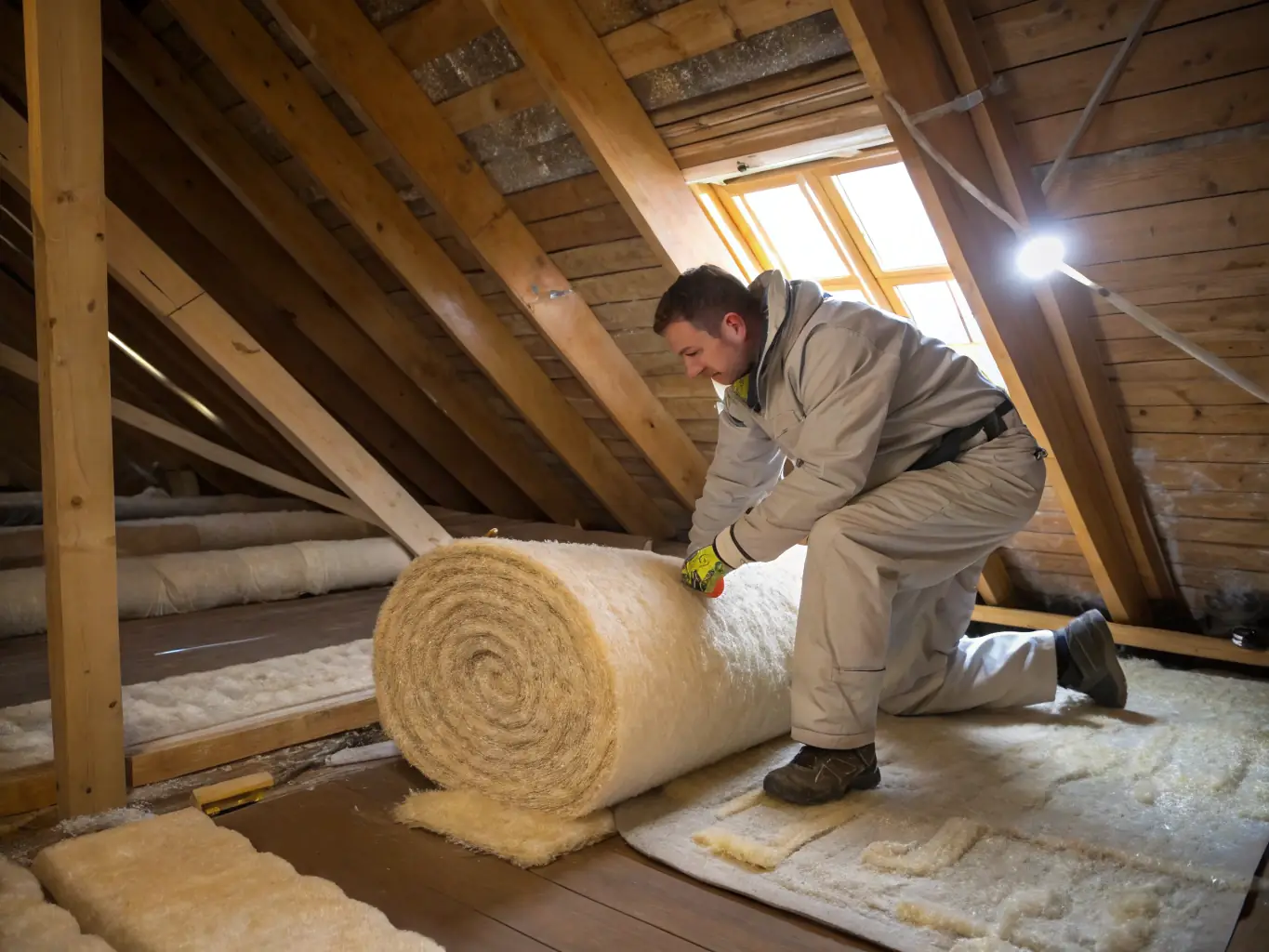 A worker installing insulation material in a building wall, demonstrating the importance of proper insulation for energy efficiency and comfort.