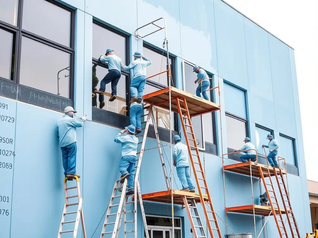 A photograph showcasing Ortlieb's team of skilled craftsmen working diligently on a building renovation project, emphasizing their attention to detail and expertise.