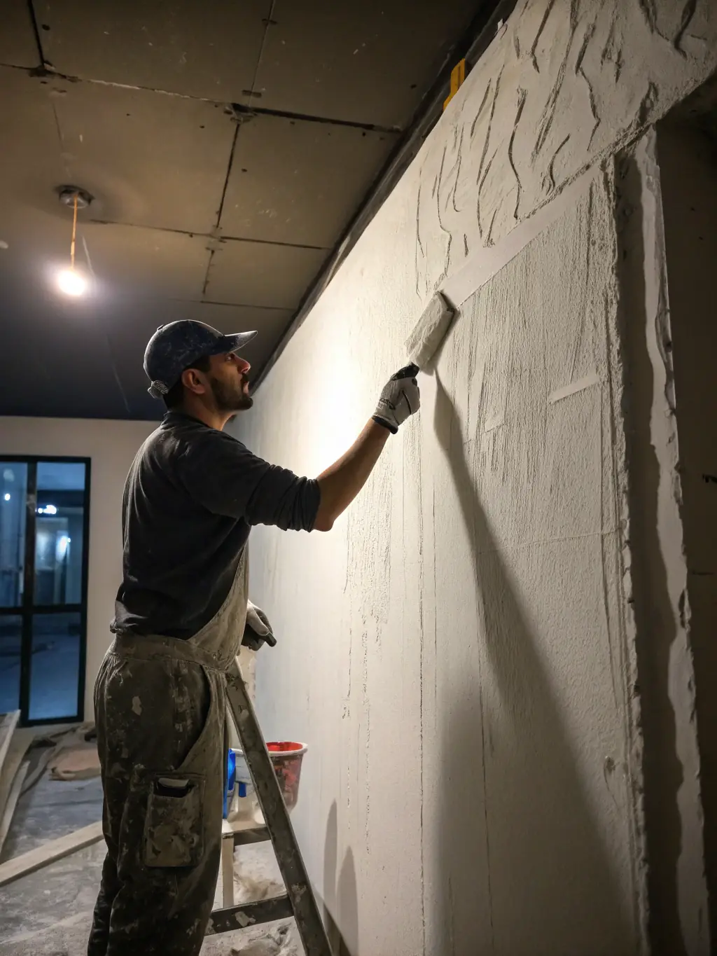 A craftsman applying plaster to a wall, demonstrating Ortlieb's plastering expertise in renovating older buildings.